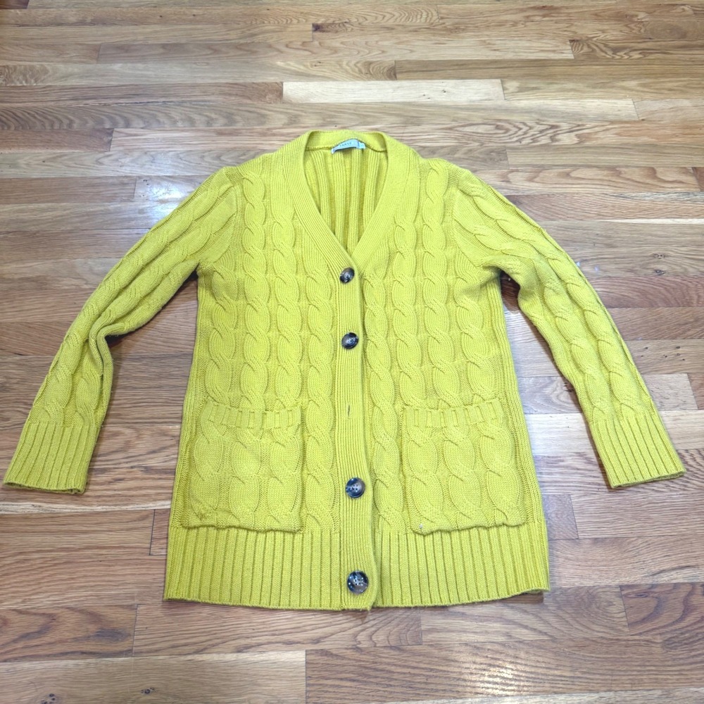 Tarse Womens Cable‎ Knit Cardigan Sweater Yellow V-Neck Button Front Pockets L